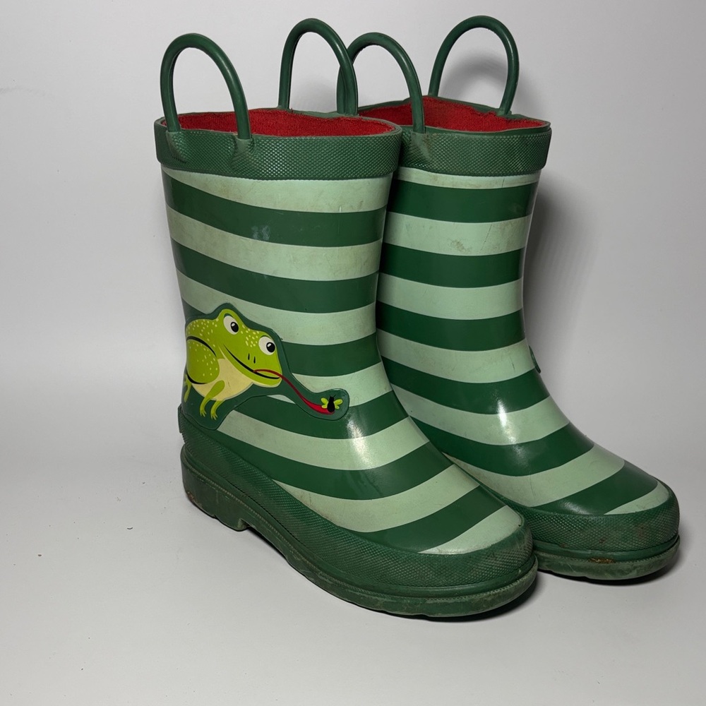 Green Striped Kids Rain Boots with Frog Design